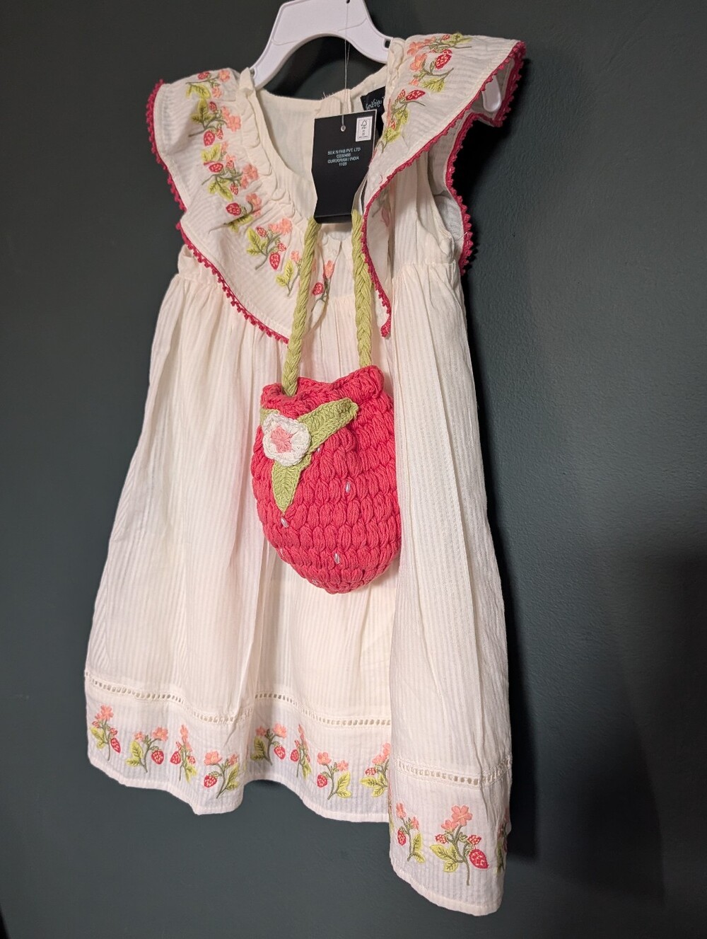 Cynthia Rowley Strawberry Embroidered Girl's Dress with Strawberry Crochet Purse